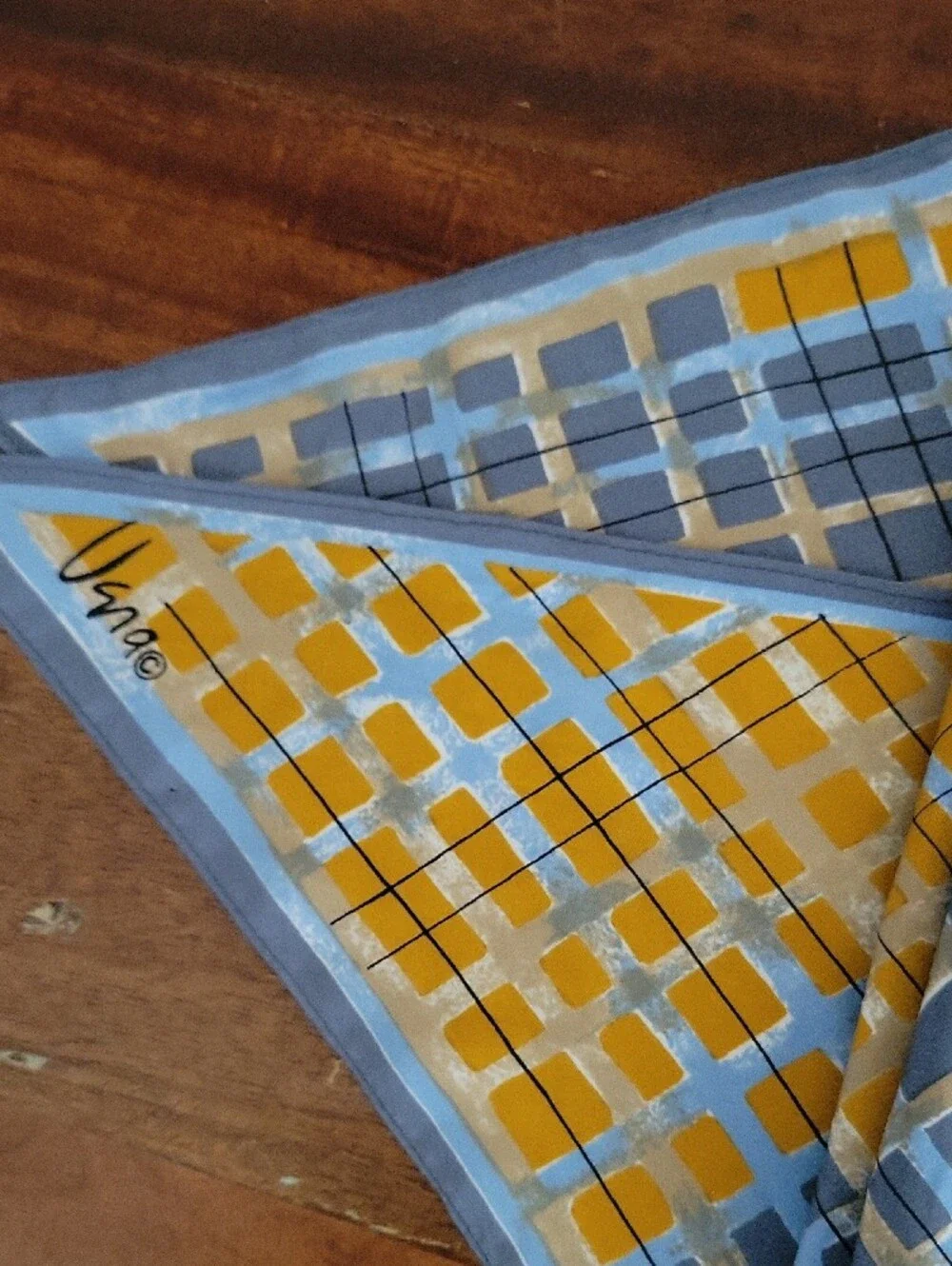 Vintage Vera Neumann Silk Plaid Accent Scarf in Yellow & Light Blue